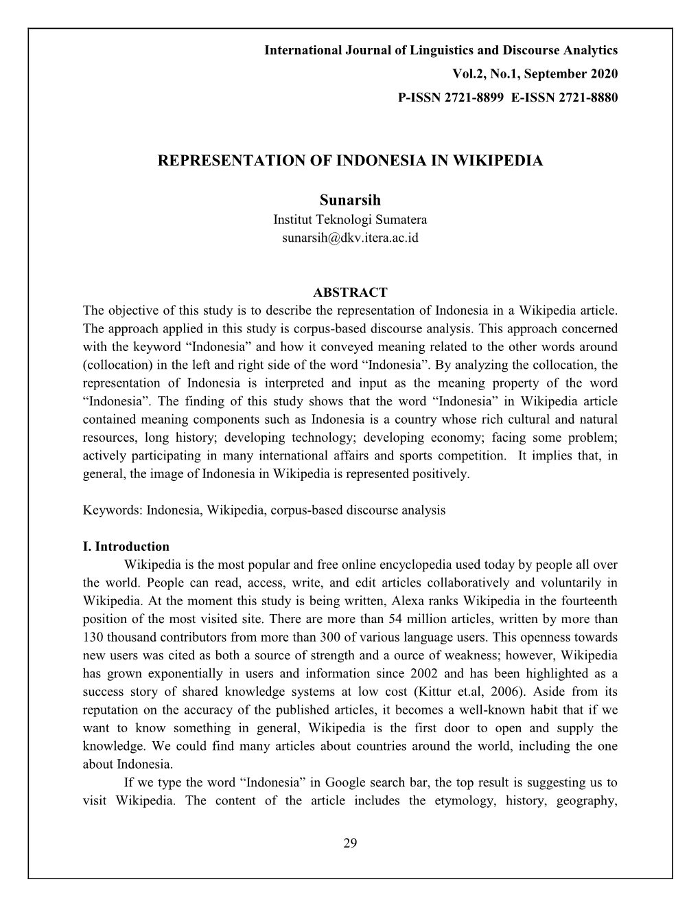 REPRESENTATION of INDONESIA in WIKIPEDIA Sunarsih