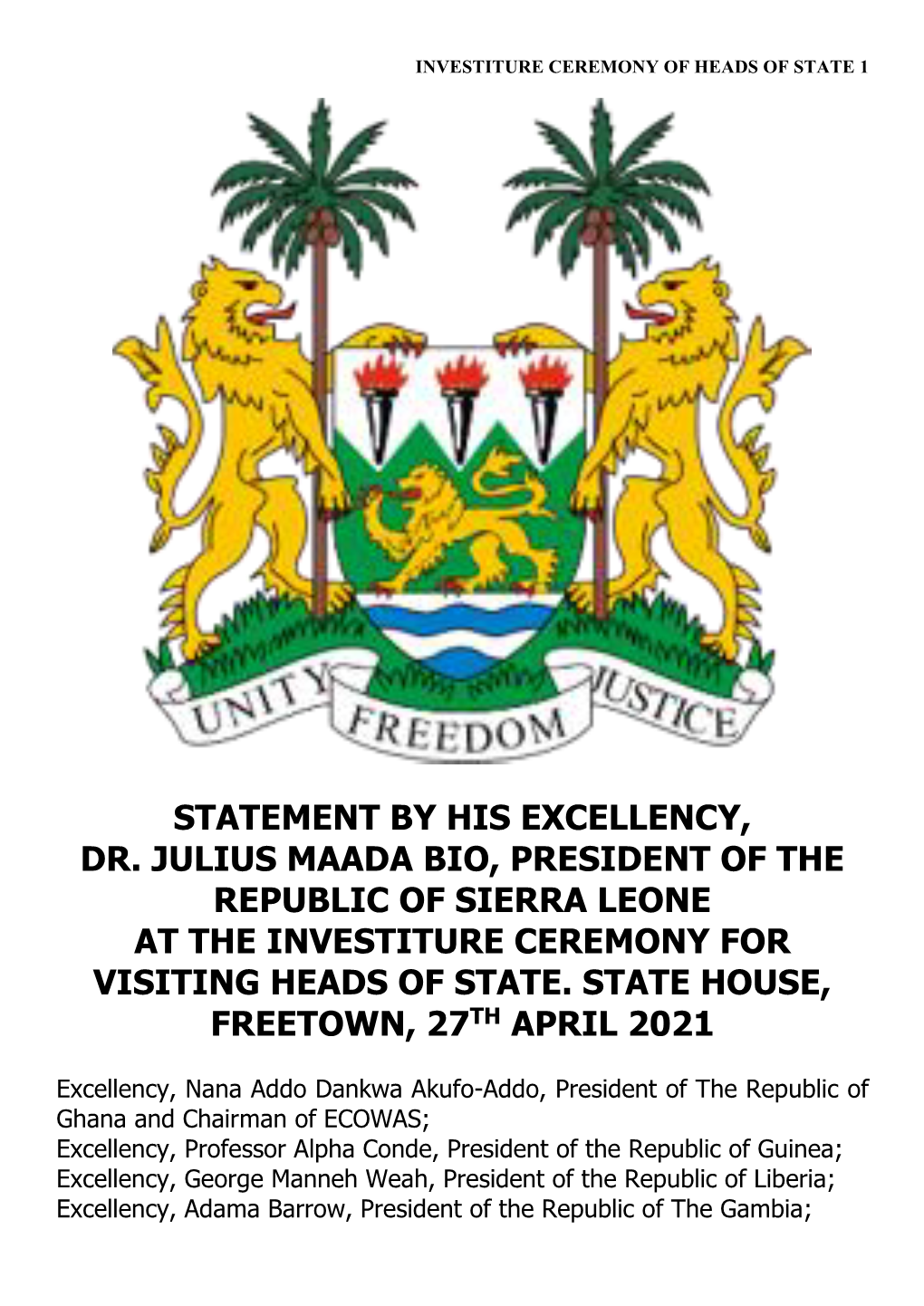 Statement by His Excellency, Dr Julius Maada Bio, President of The