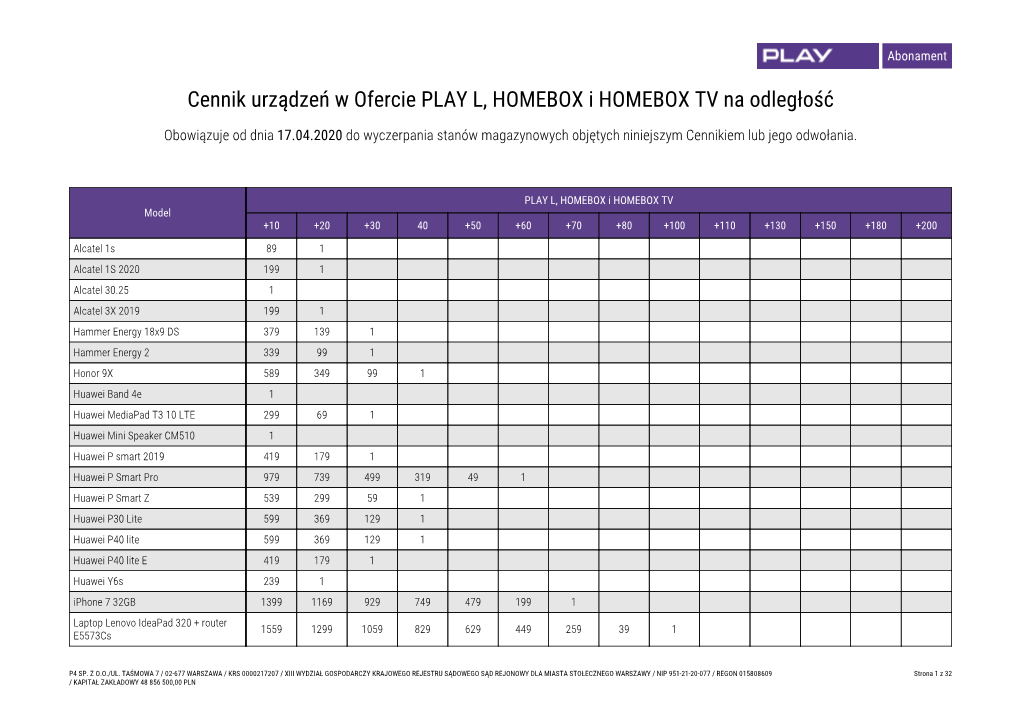 Cennik Urządzeń W Ofercie PLAY L, HOMEBOX I HOMEBOX TV Na Odległość