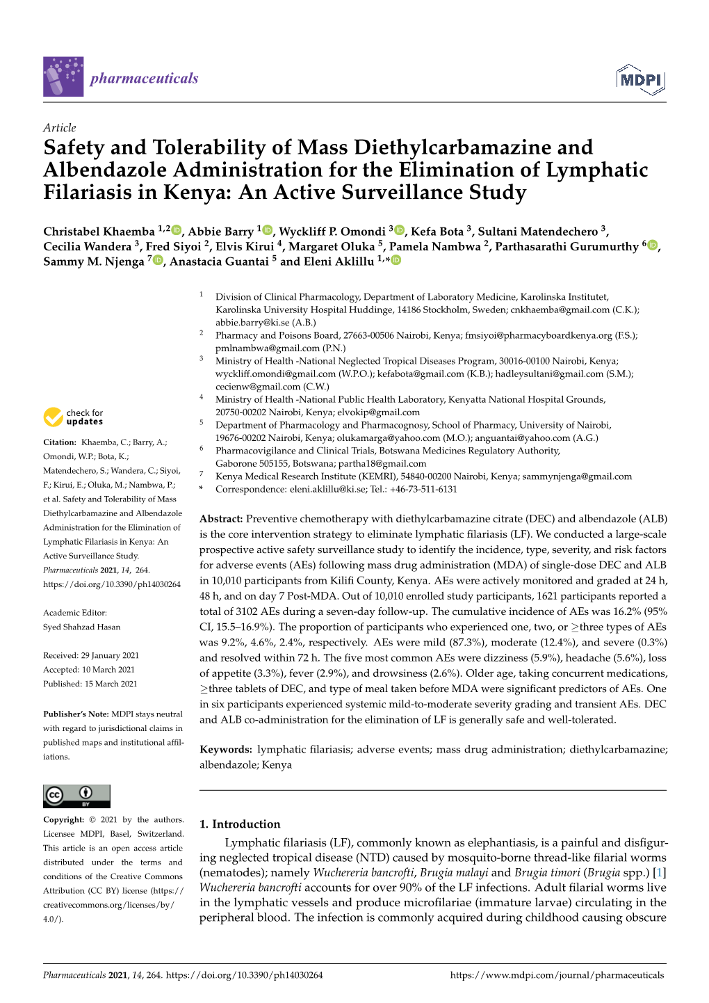 Safety and Tolerability of Mass Diethylcarbamazine and Albendazole Administration for the Elimination of Lymphatic Filariasis in Kenya: an Active Surveillance Study