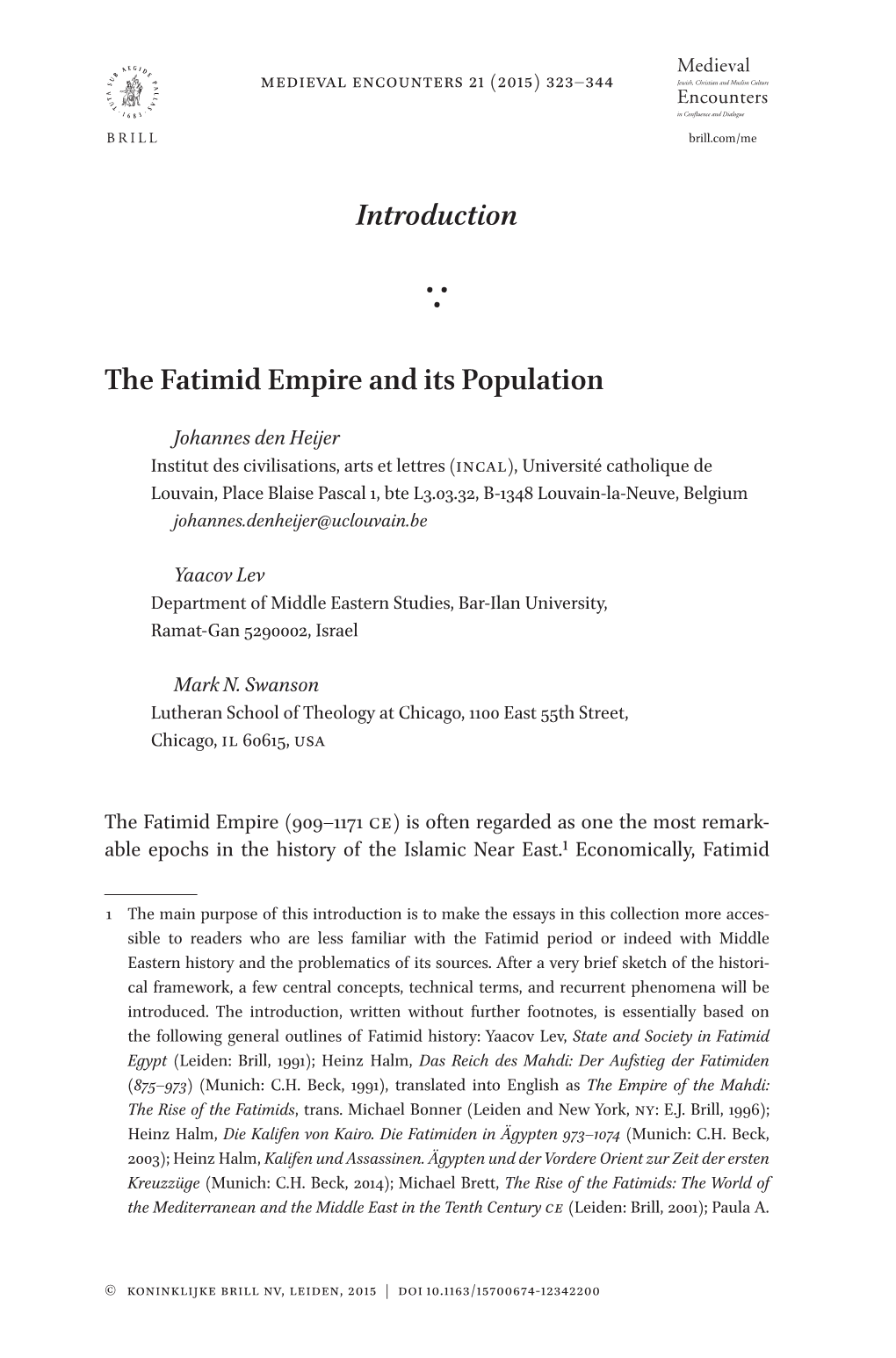 Introduction the Fatimid Empire and Its Population