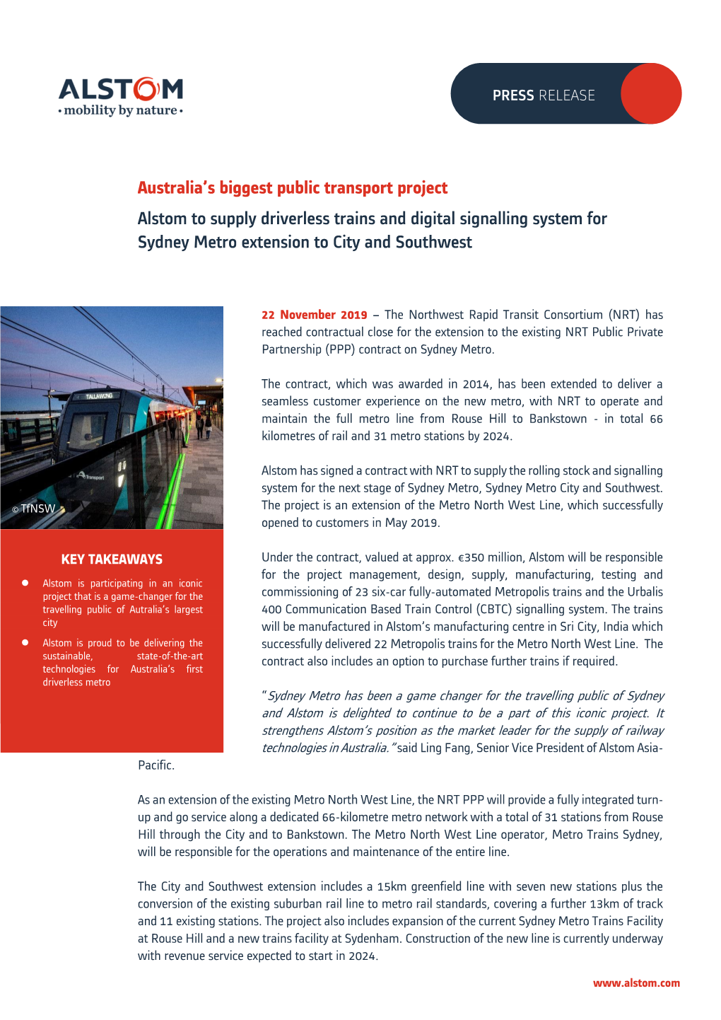 Australia's Biggest Public Transport Project Alstom to Supply Driverless