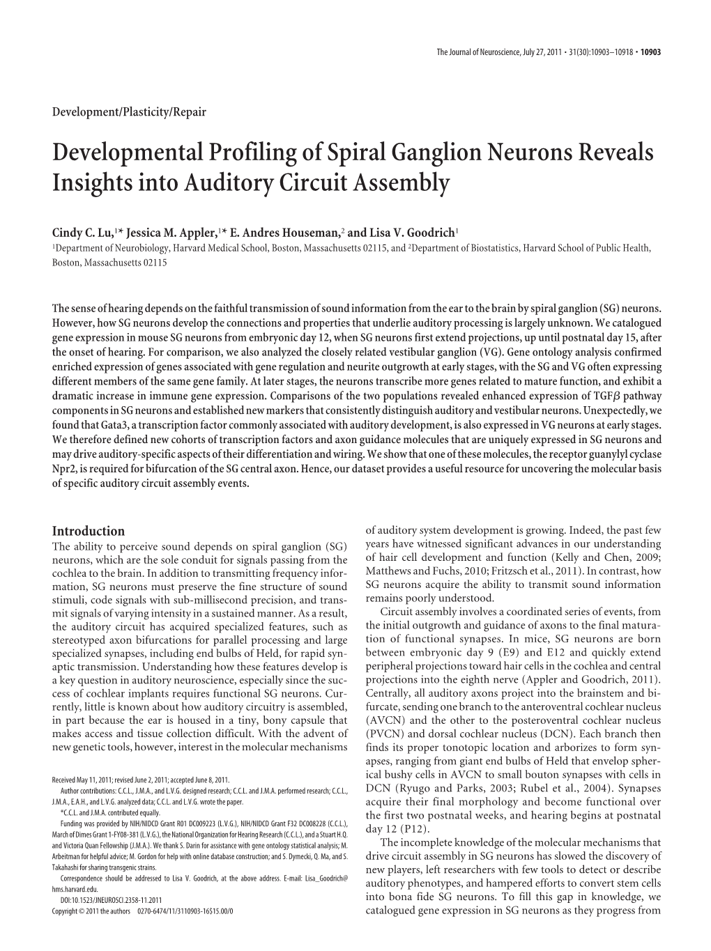 Developmental Profiling of Spiral Ganglion Neurons Reveals Insights Into Auditory Circuit Assembly