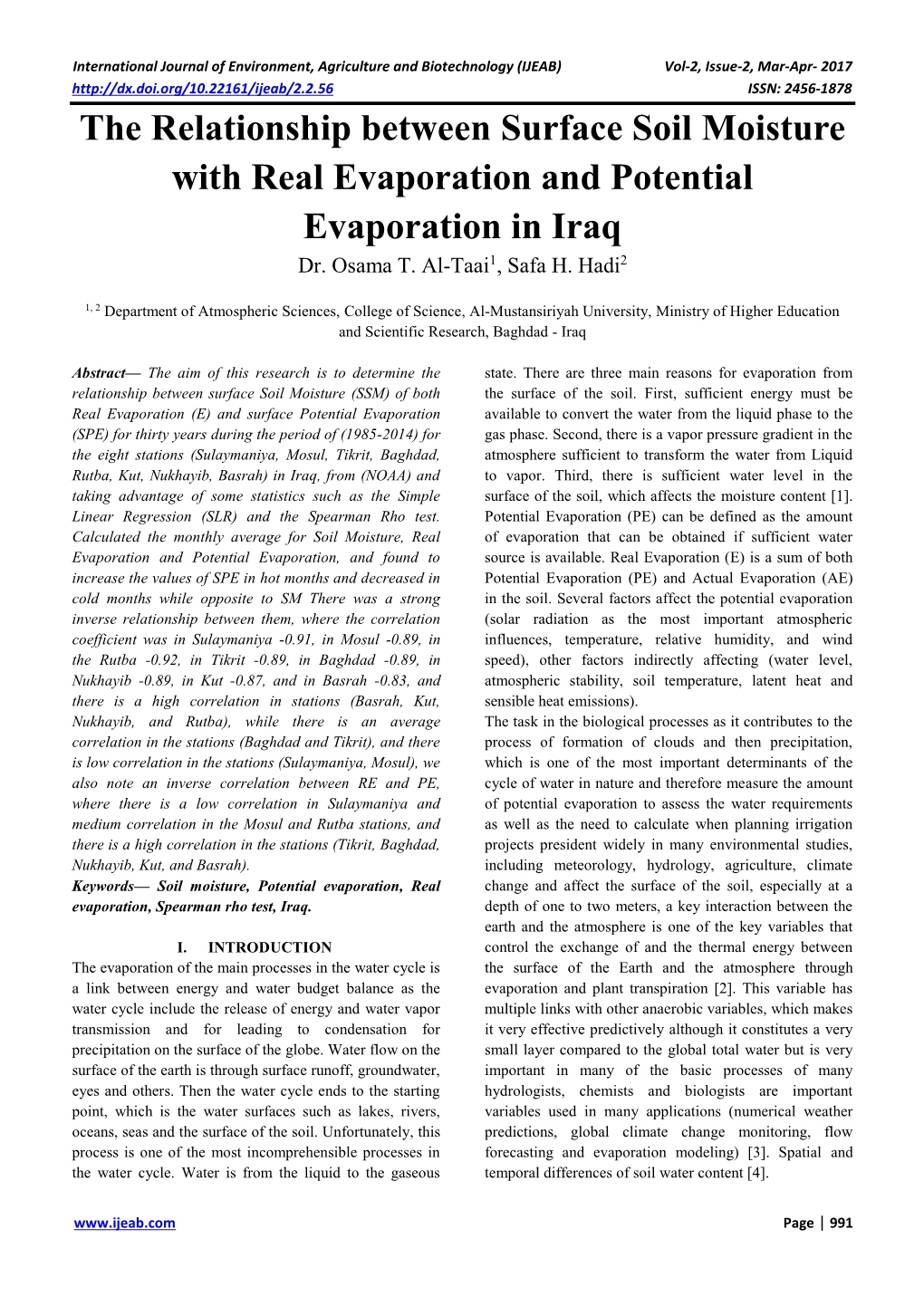 The Relationship Between Surface Soil Moisture with Real Evaporation and Potential Evaporation in Iraq Dr