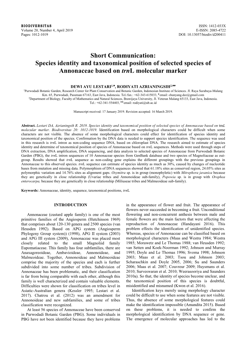 Species Identity and Taxonomical Position of Selected Species of Annonaceae Based on Trnl Molecular Marker