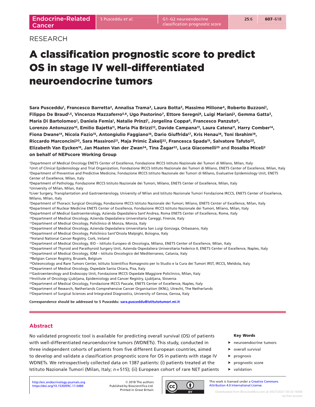 A Classification Prognostic Score to Predict OS in Stage IV Well-Differentiated Neuroendocrine Tumors