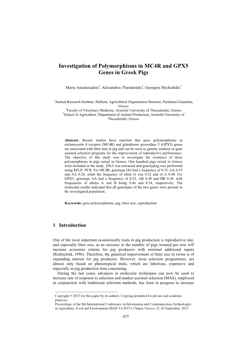 Investigation of Polymorphisms in MC4R and GPX5 Genes in Greek Pigs