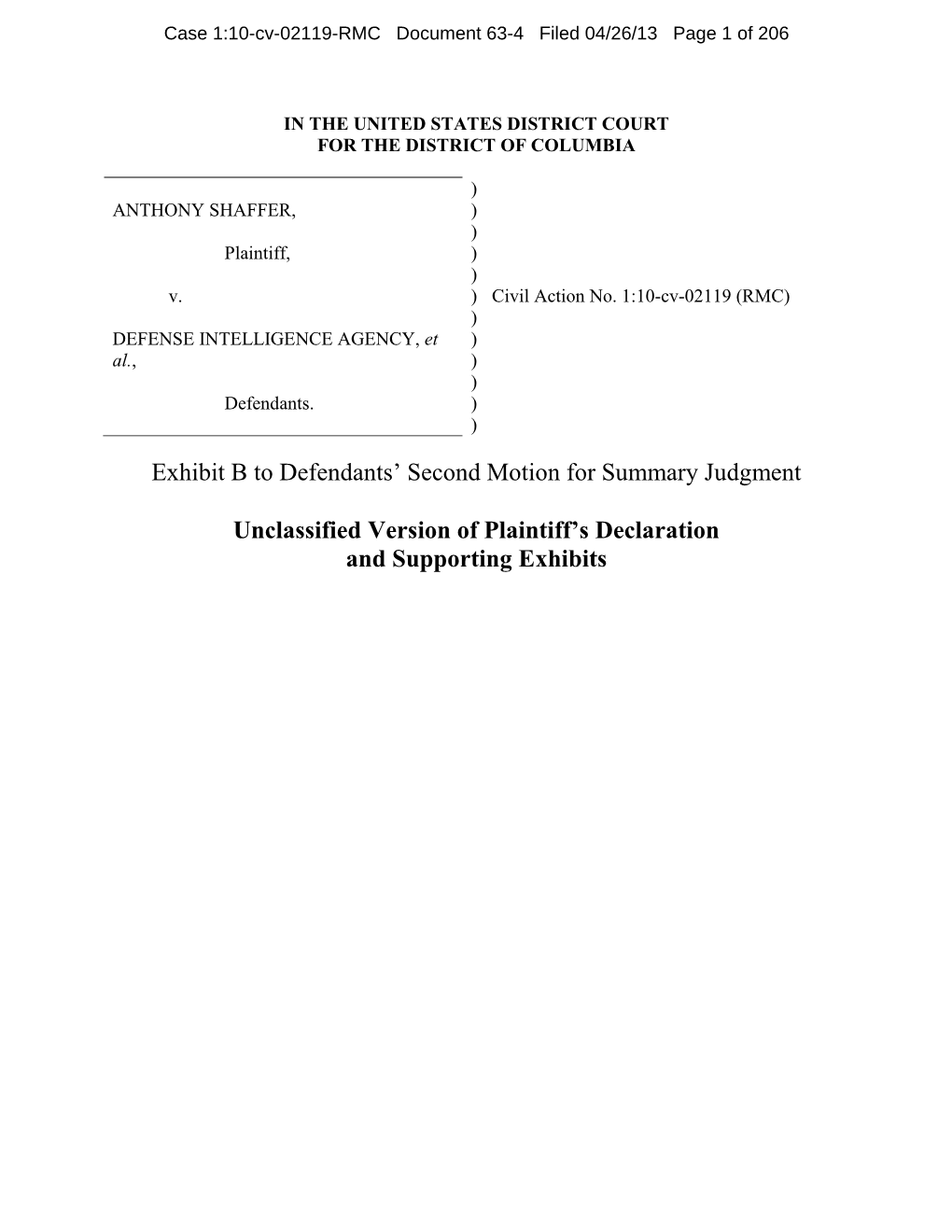 Exhibit B to Defendants' Second Motion for Summary Judgment Unclassified Version of Plaintiff's Declaration and Supporting