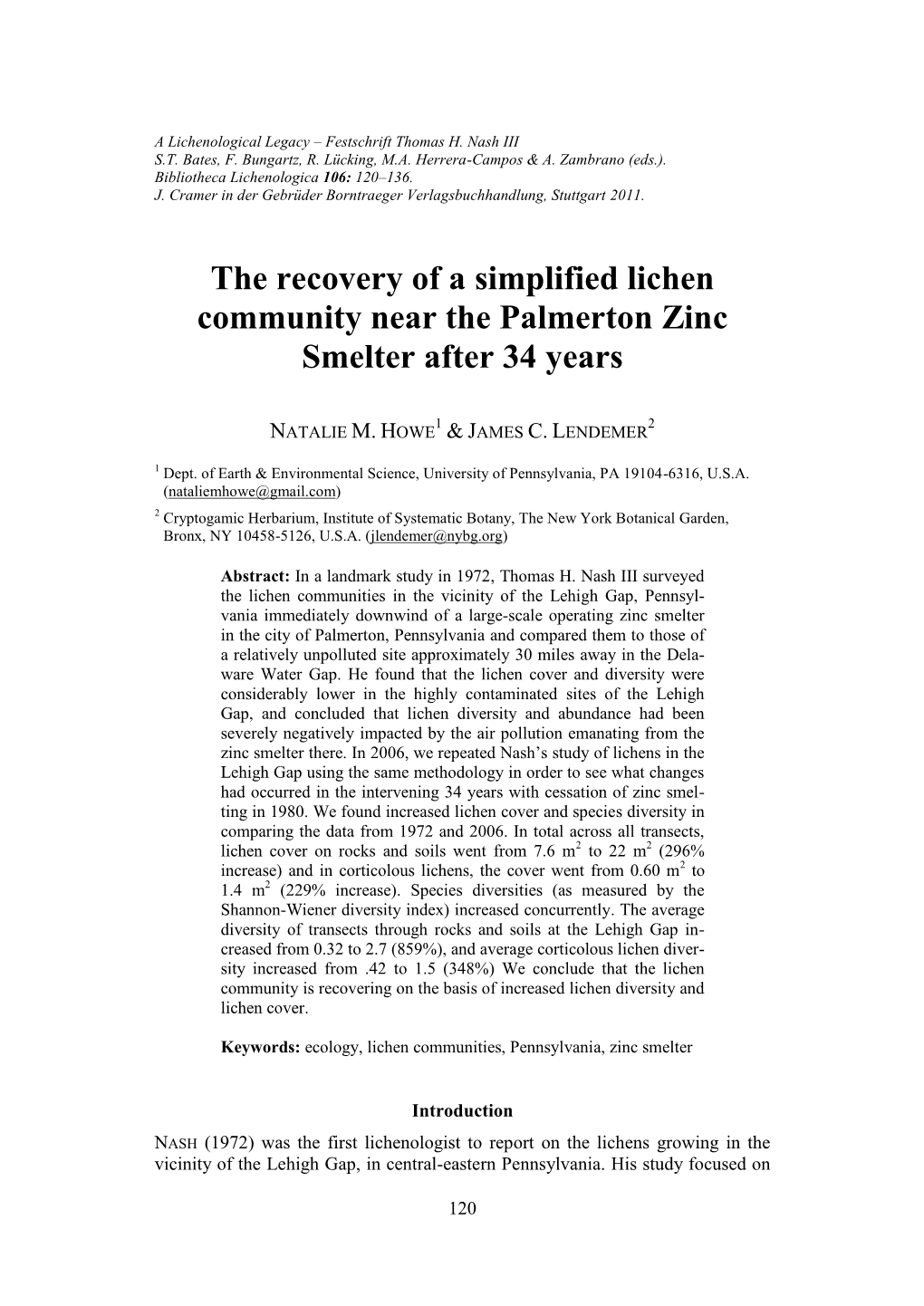 The Recovery of a Simplified Lichen Community Near the Palmerton Zinc Smelter After 34 Years