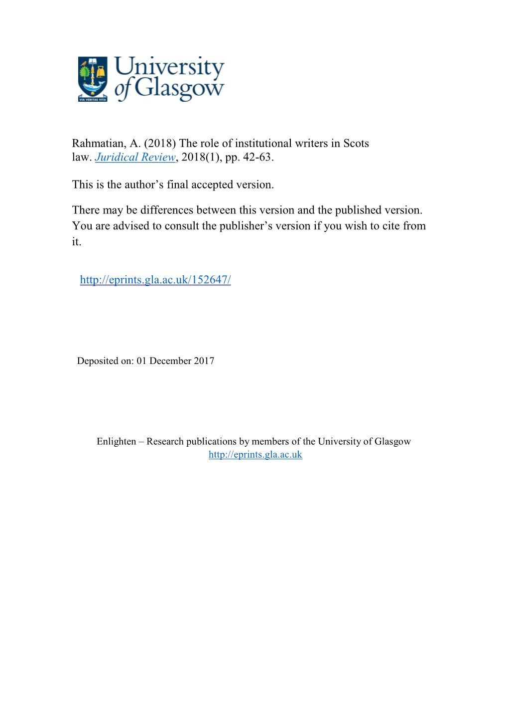 The Role of Institutional Writers in Scots Law. Juridical Review, 2018(1), Pp