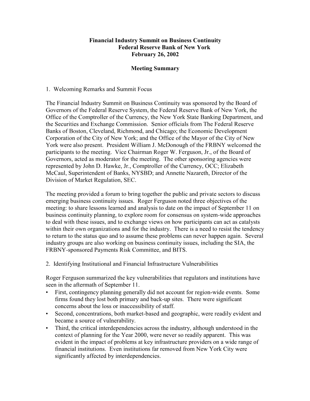 Financial Industry Summit on Business Continuity Federal Reserve Bank of New York February 26, 2002