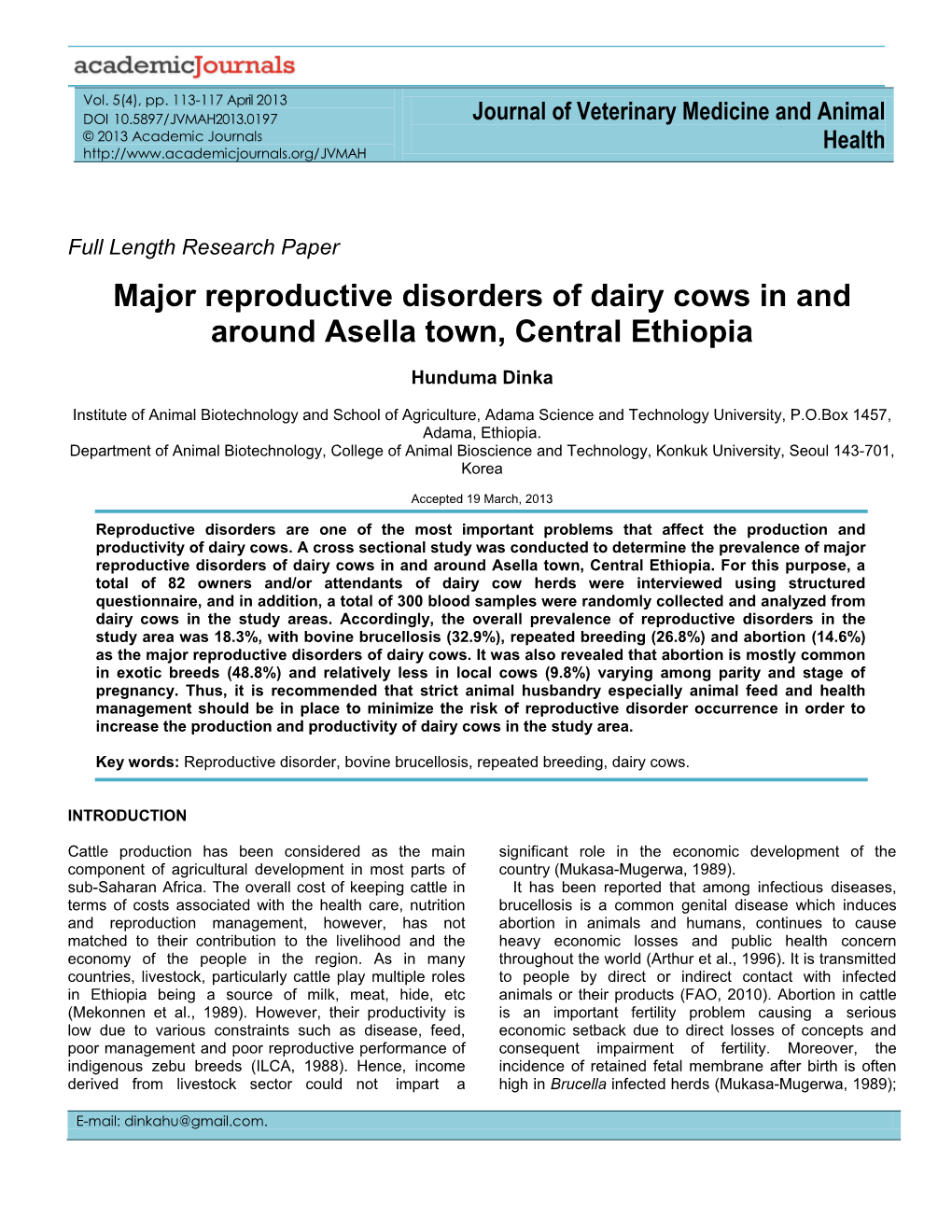 Major Reproductive Disorders of Dairy Cows in and Around Asella Town, Central Ethiopia