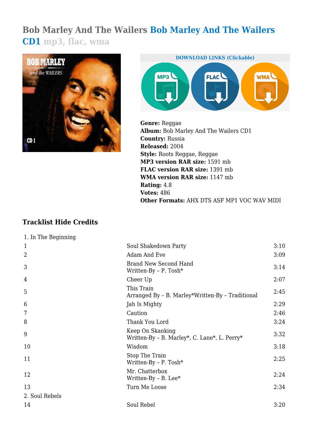 Bob Marley and the Wailers Bob Marley and the Wailers CD1 Mp3, Flac, Wma