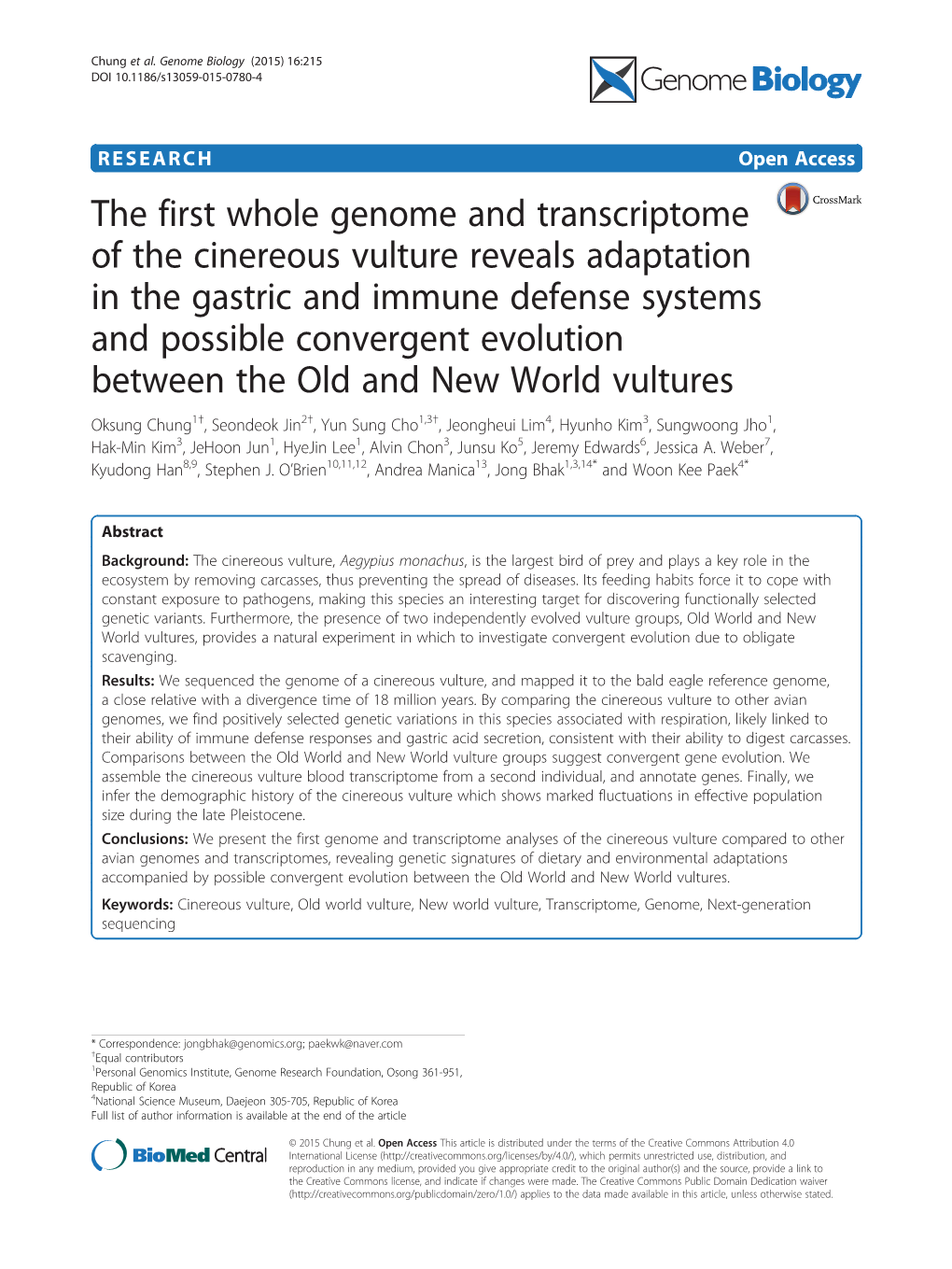 The First Whole Genome and Transcriptome of the Cinereous Vulture Reveals Adaptation in the Gastric and Immune Defense Systems A