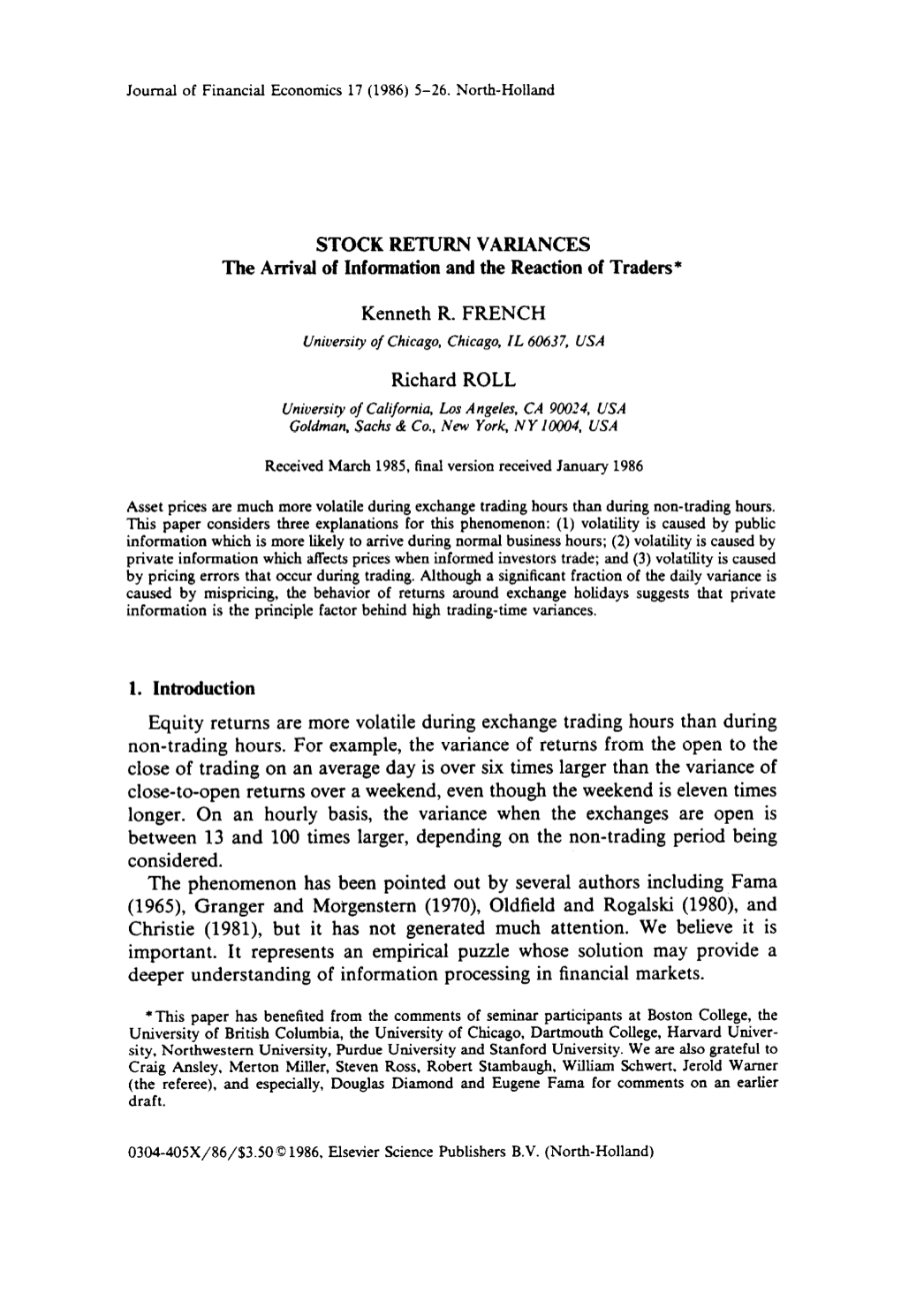 Kenneth R. FRENCH Richard ROLL Equity Returns Are More Volatile