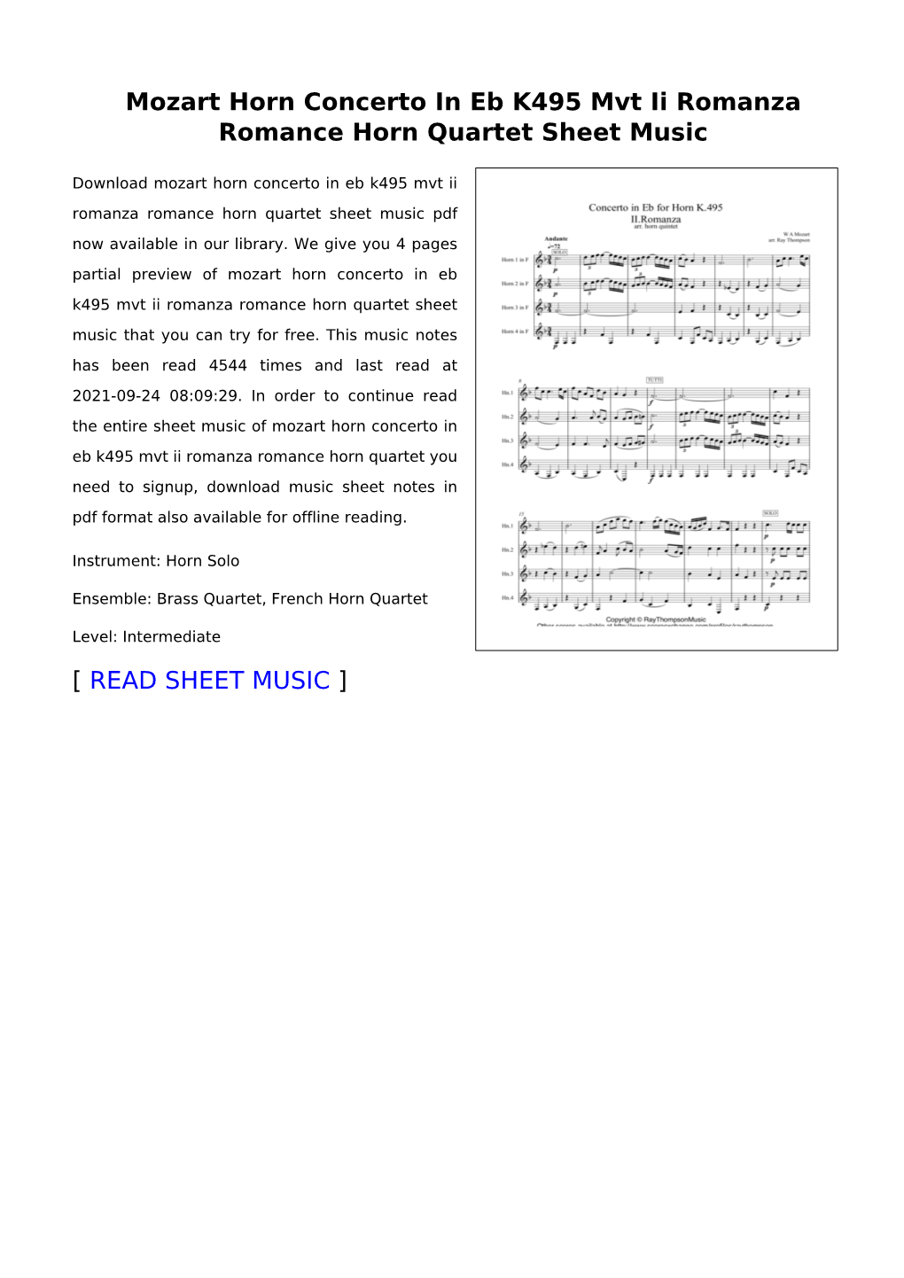 Mozart Horn Concerto in Eb K495 Mvt Ii Romanza Romance Horn Quartet Sheet Music