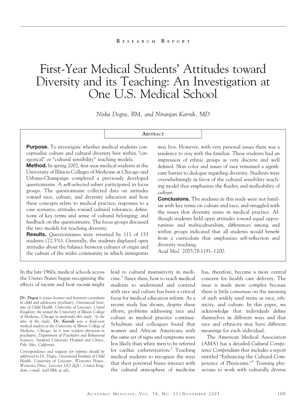 First-Year Medical Students' Attitudes Toward Diversity and Its