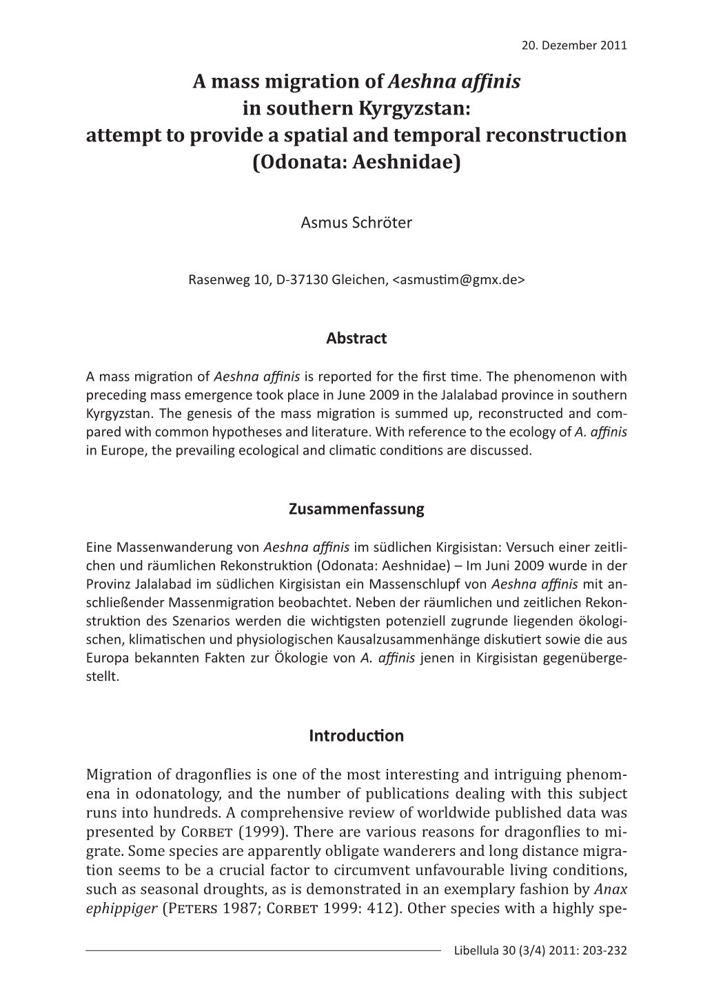 A Mass Migration of Aeshna Affinis in Southern Kyrgyzstan: Attempt to Provide a Spatial and Temporal Reconstruction (Odonata: Aeshnidae)