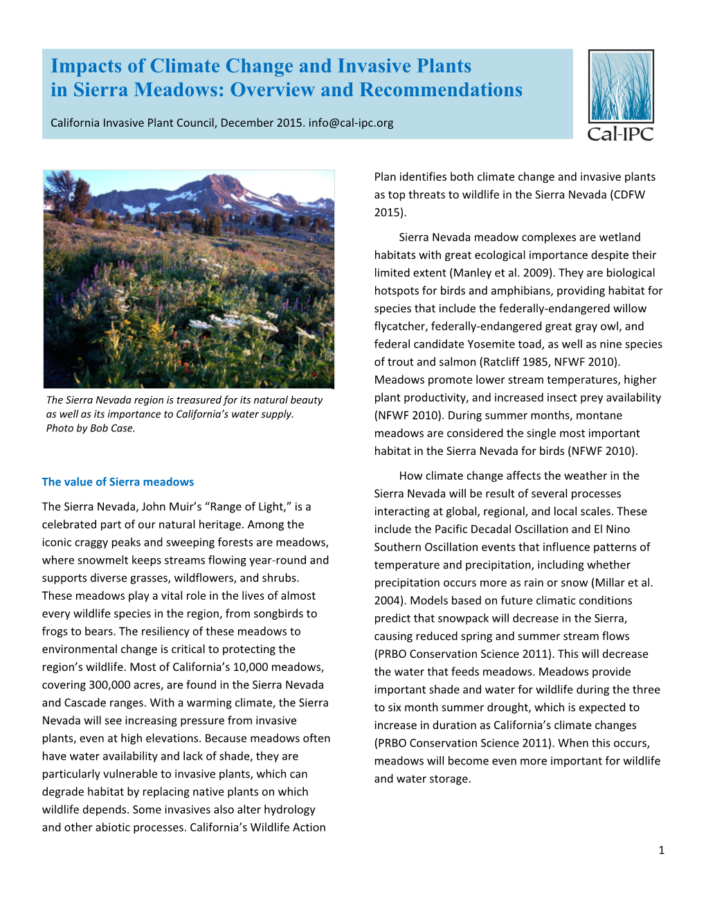 Impacts of Climate Change and Invasive Plants in Sierra Meadows: Overview and Recommendations