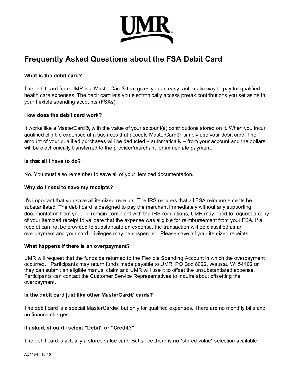 Frequently Asked Questions About the FSA Debit Card