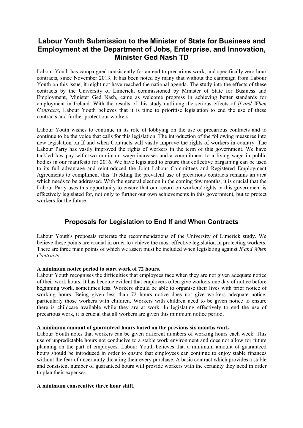 Labour Youth Submission to the Minister of State for Business and Employment at the Department of Jobs, Enterprise, and Innovation, Minister Ged Nash TD