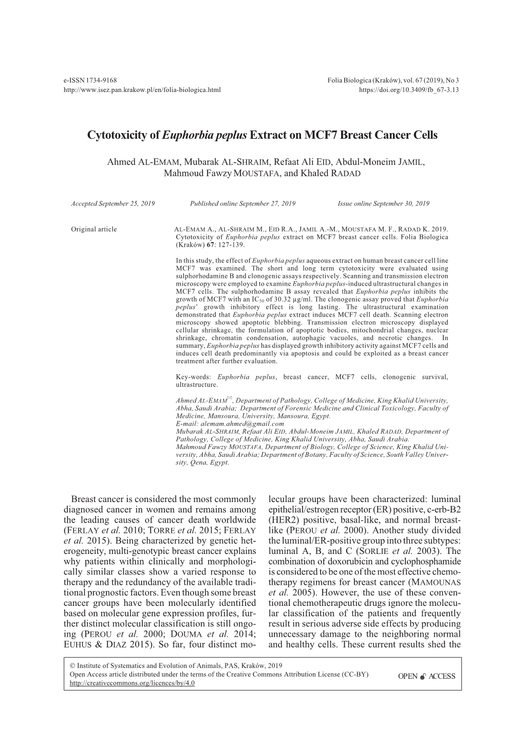 Cytotoxicity of Euphorbia Peplus Extract on MCF7 Breast Cancer Cells