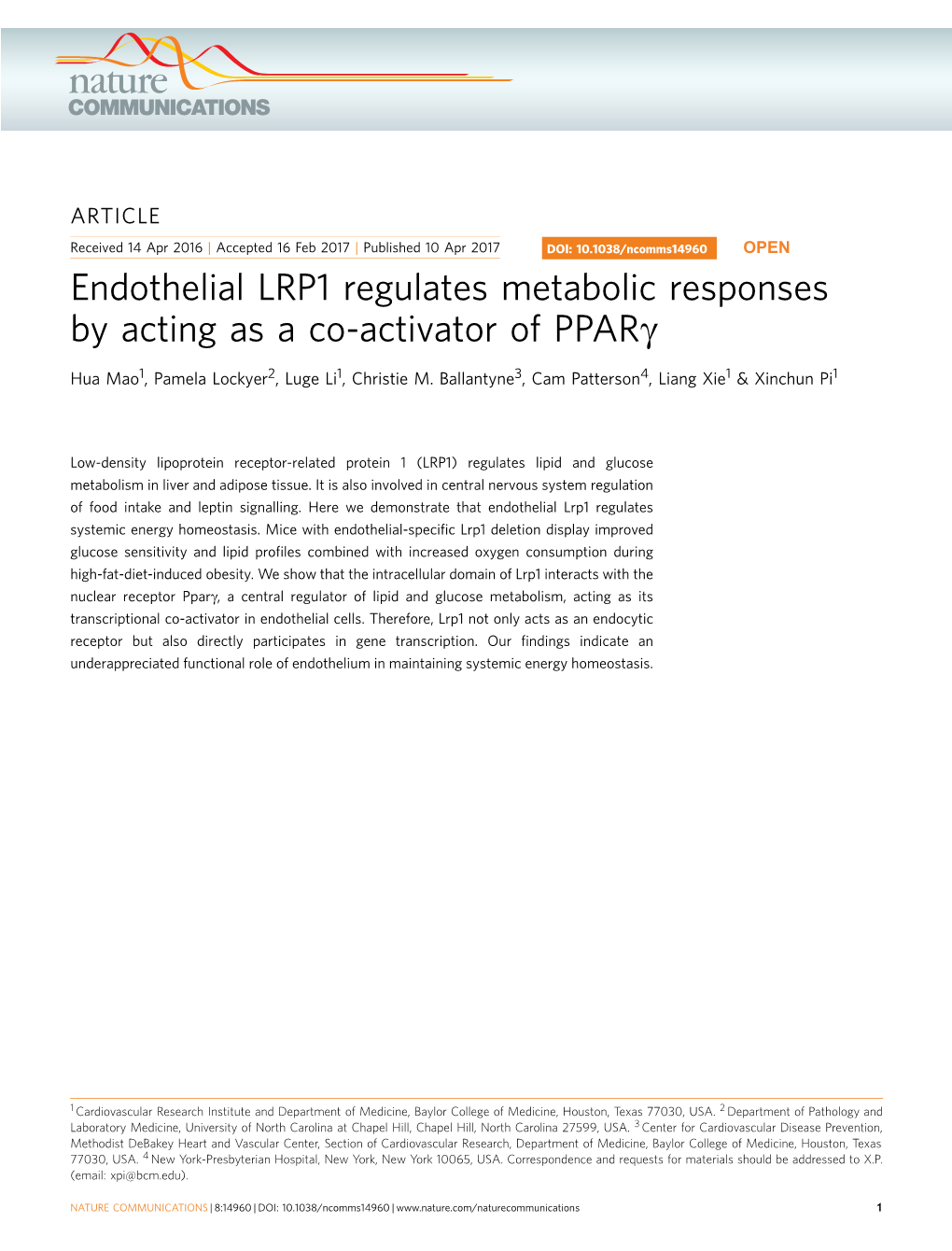 Endothelial LRP1 Regulates Metabolic Responses by Acting As a Co-Activator of Pparg