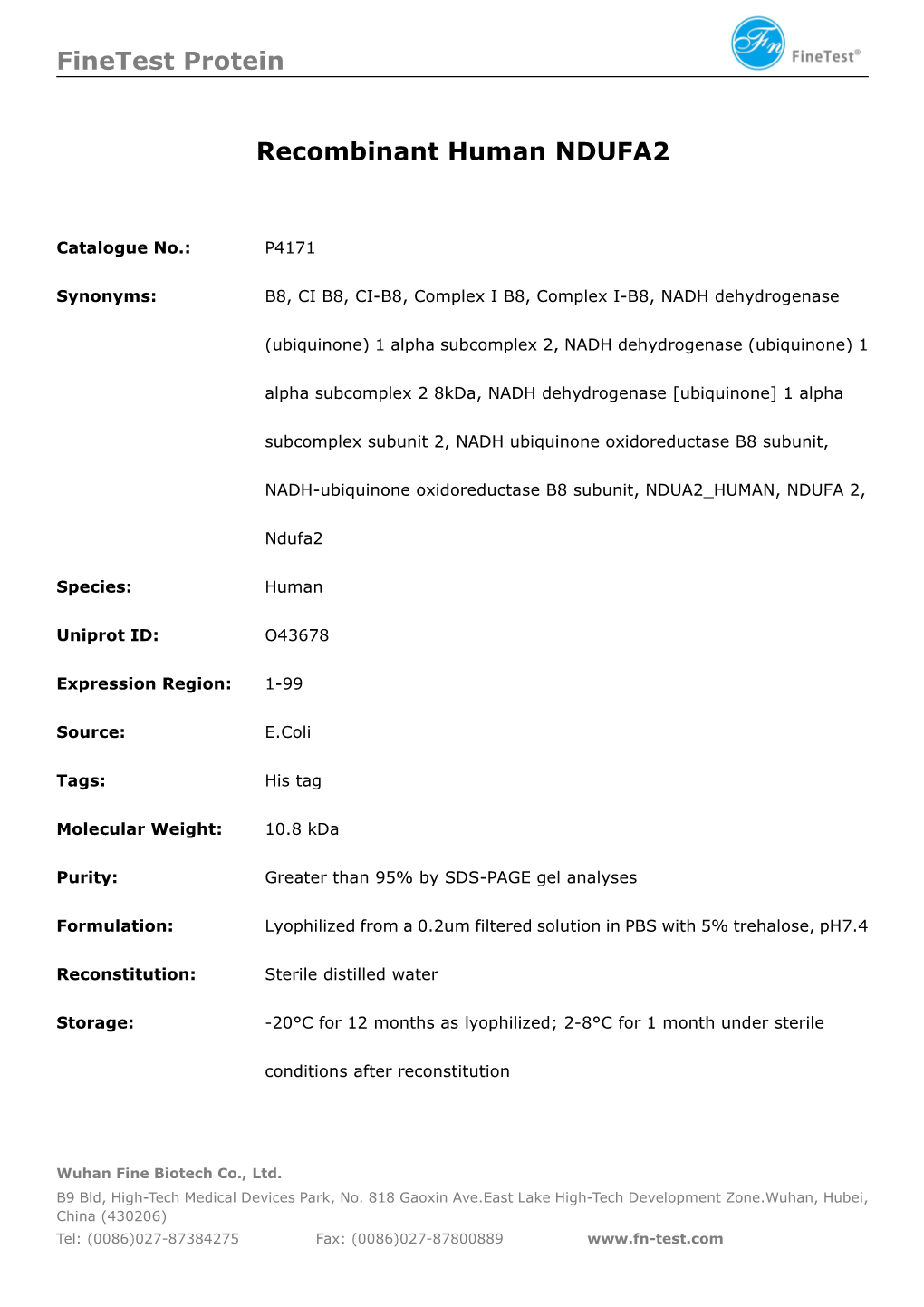 Finetest Protein Recombinant Human NDUFA2