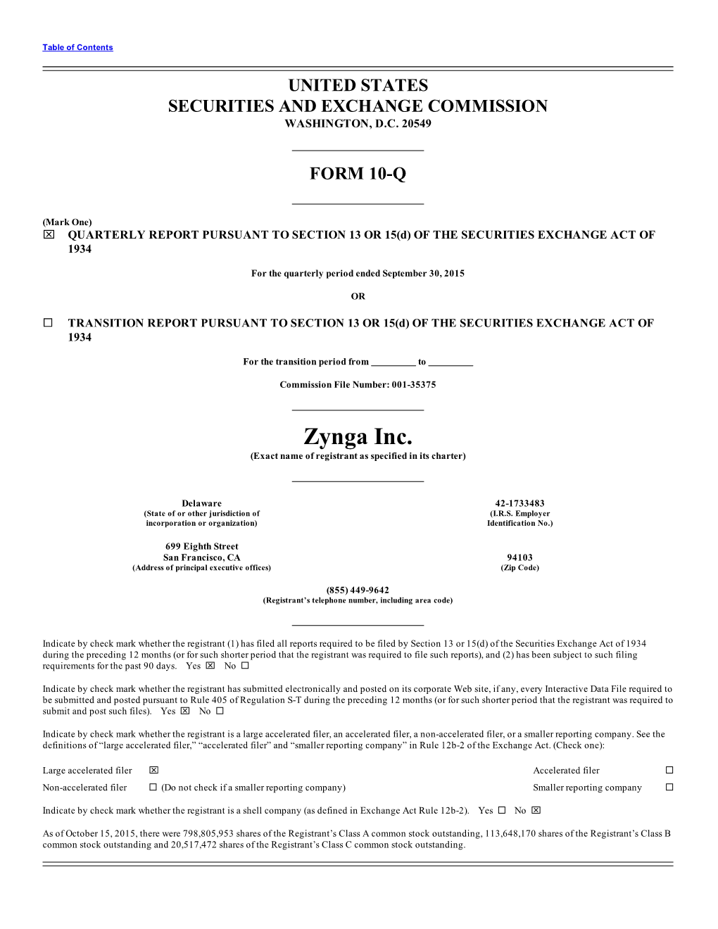 Zynga Inc. (Exact Name of Registrant As Specified in Its Charter)