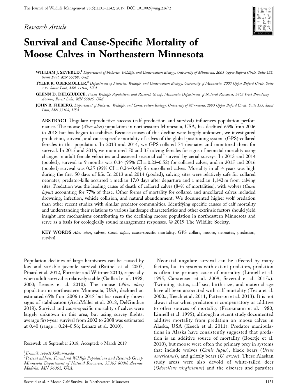 The Journal of Wildlife Management 83(5):1131–1142; 2019; DOI: 10.1002/Jwmg.21672