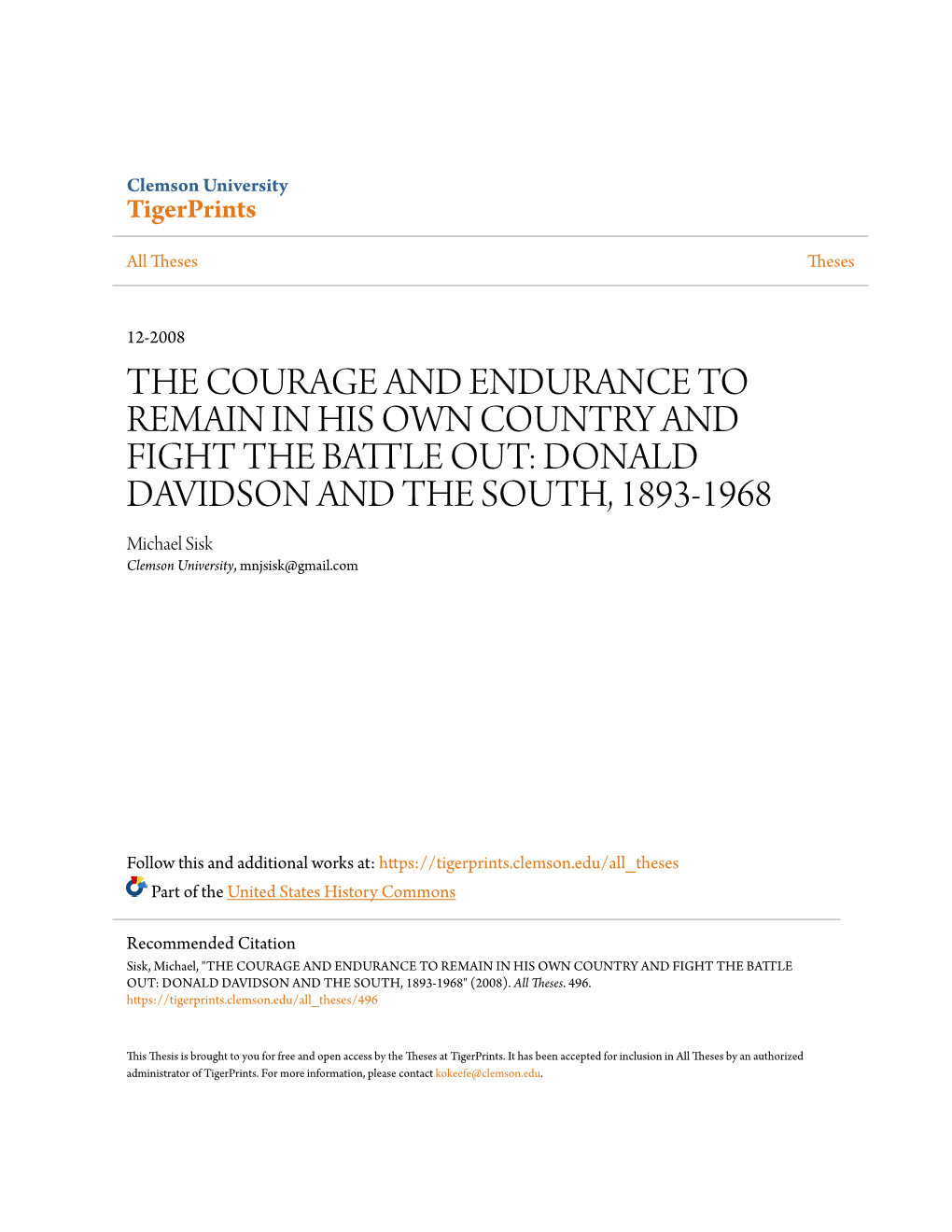 DONALD DAVIDSON and the SOUTH, 1893-1968 Michael Sisk Clemson University, Mnjsisk@Gmail.Com