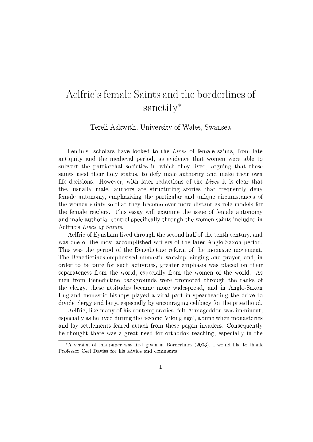 Aelfric's Female Saints and the Borderlines of Sanctity∗
