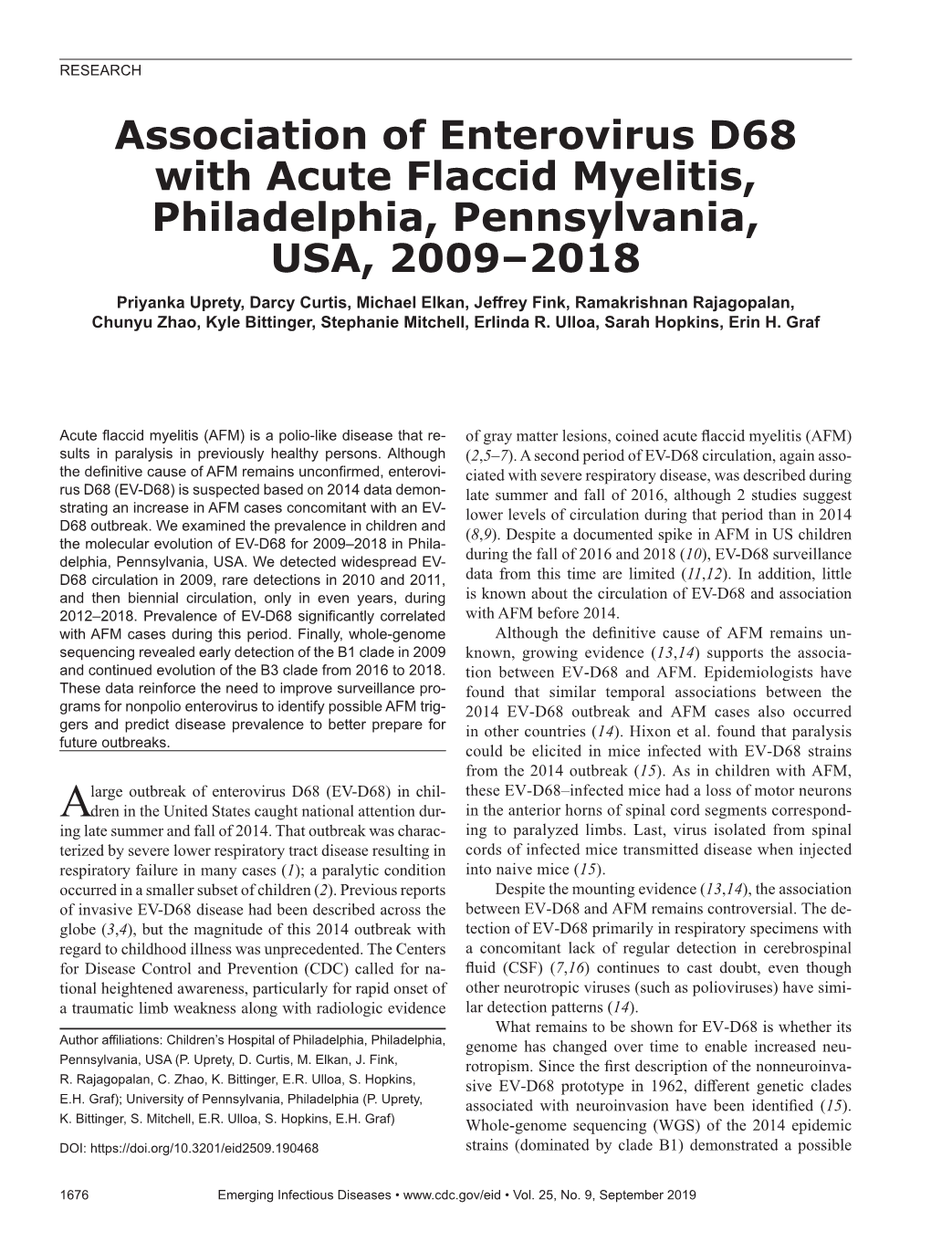 Association of Enterovirus D68 with Acute Flaccid Myelitis, Philadelphia