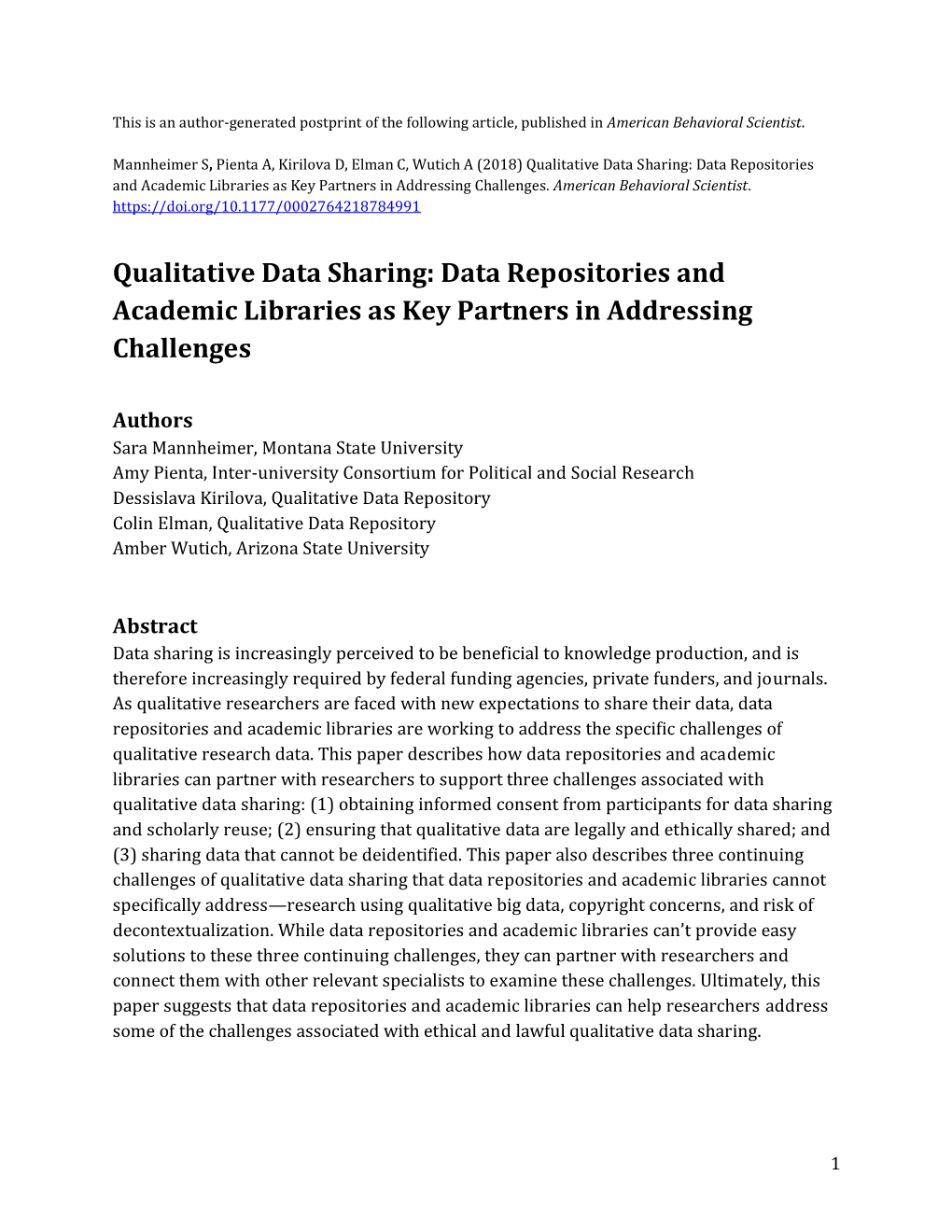 Qualitative Data Sharing: Data Repositories and Academic Libraries As Key Partners in Addressing Challenges