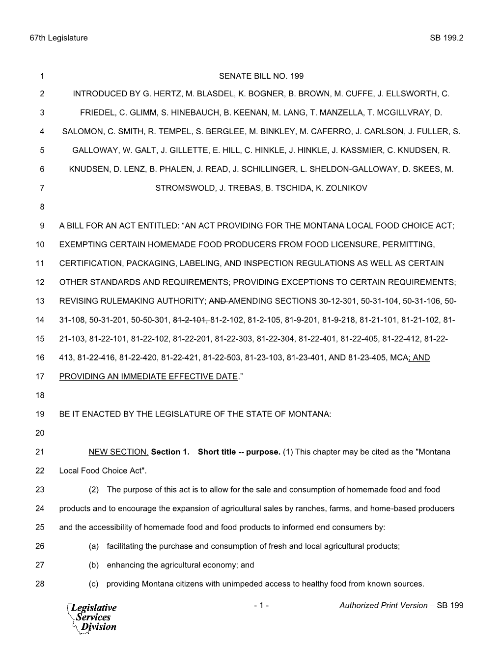 Sb 199 Senate Bill No. 199 1 Introduced by G. Hertz, M. Blasdel, K