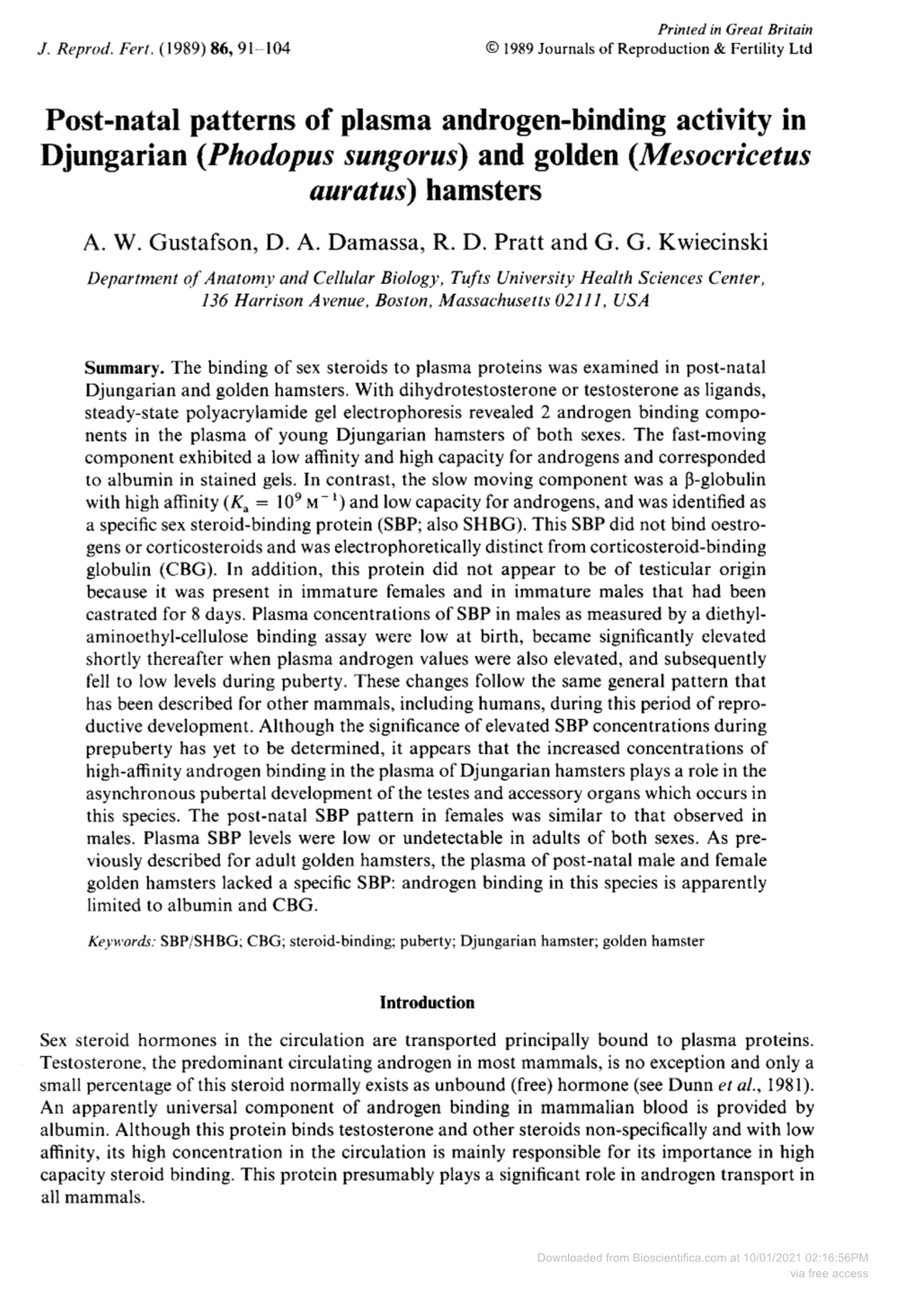 Post-Natal Patterns of Plasma Androgen-Binding Activity in Djungarian (Phodopus Sungorus) and Golden (Mesocricetus Auratus) Hamsters A