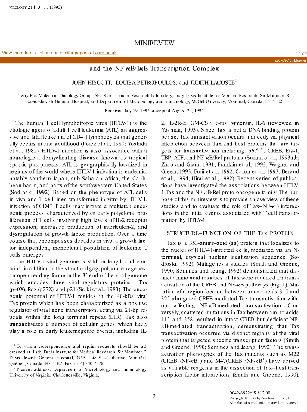 Molecular Interactions Between HTLV-1 Tax Protein and the NF