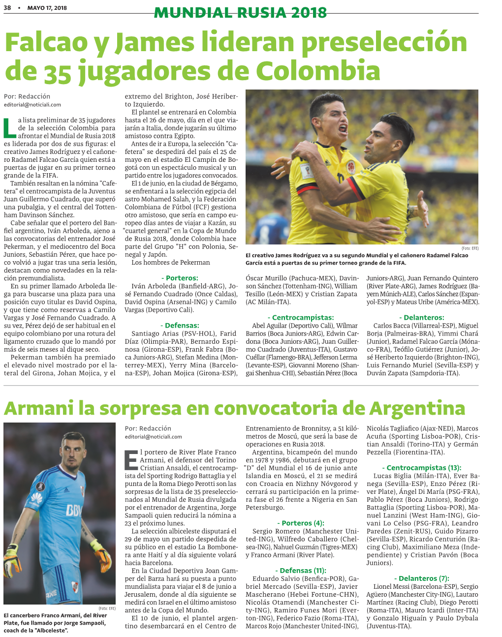 Falcao Y James Lideran Preselección De 35 Jugadores De Colombia Por: Redacción Extremo Del Brighton, José Heriber- Editorial@Noticiali.Com to Izquierdo