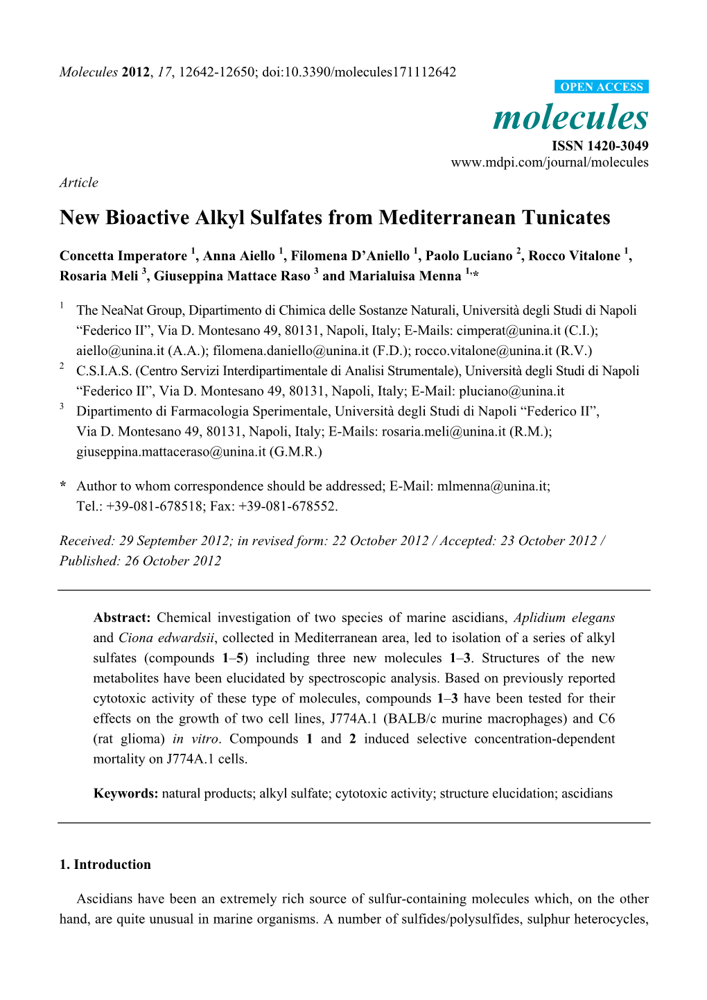 New Bioactive Alkyl Sulfates from Mediterranean Tunicates