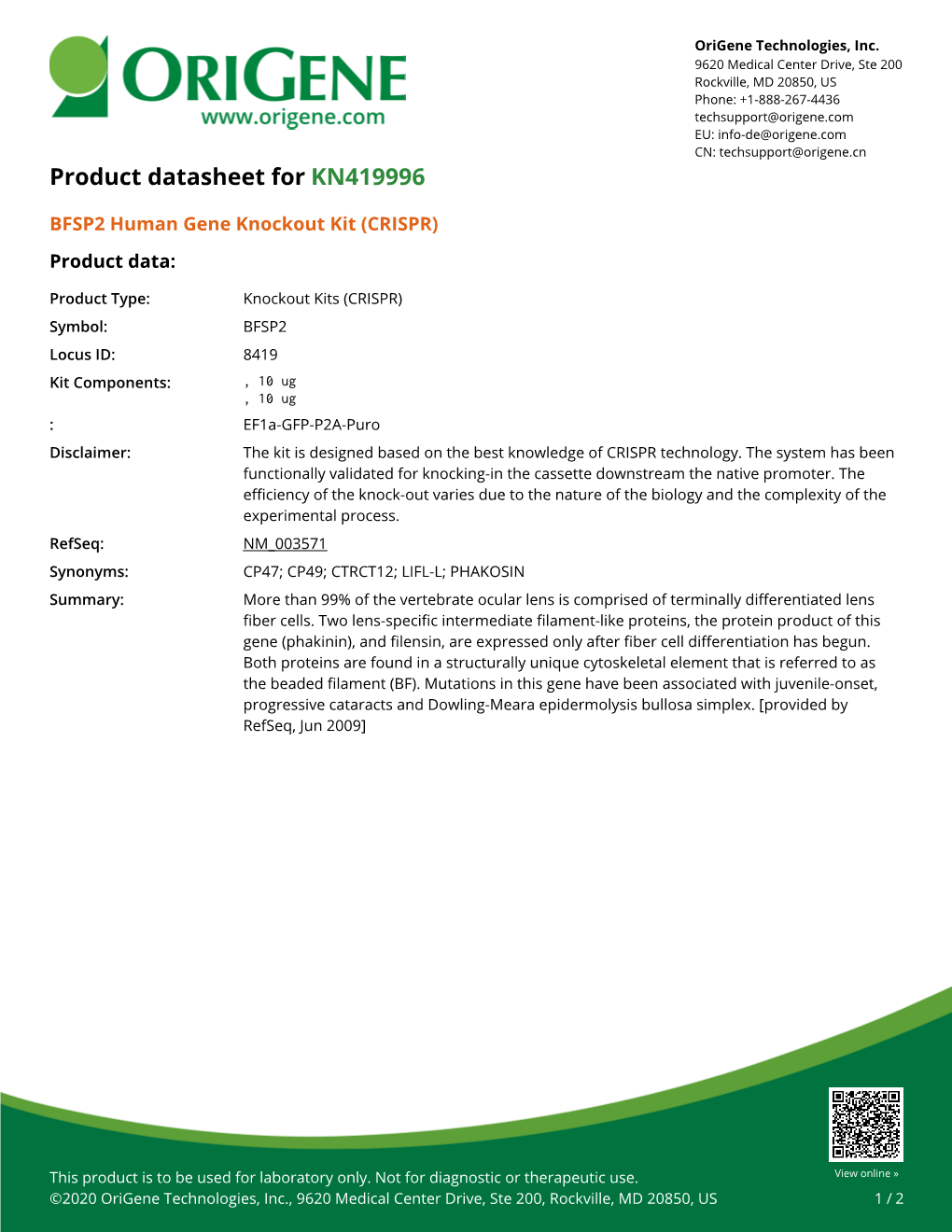 BFSP2 Human Gene Knockout Kit (CRISPR) – KN419996 | Origene