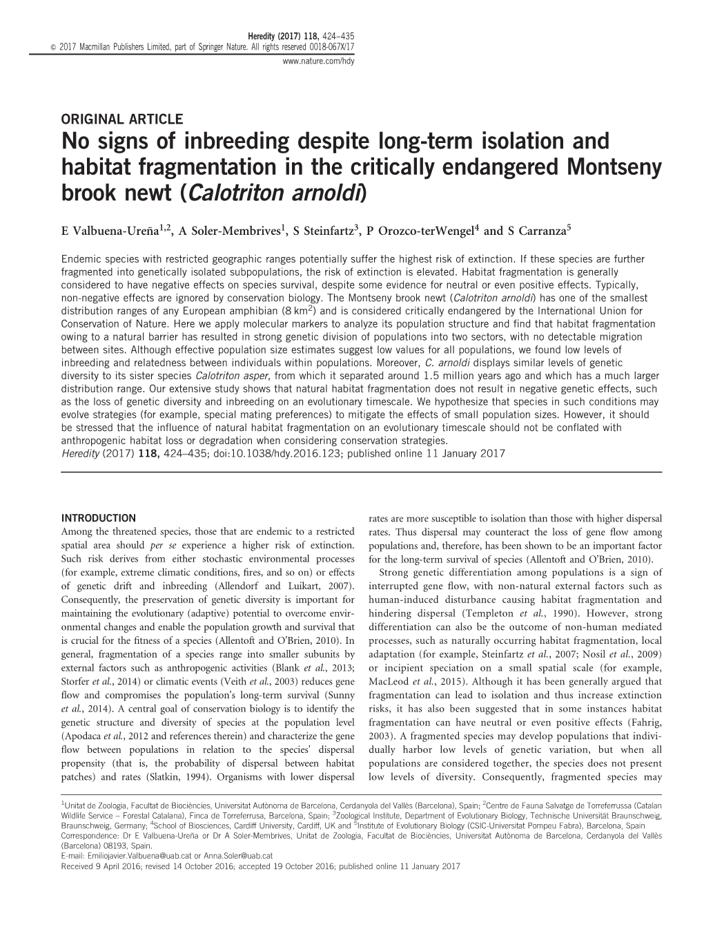 No Signs of Inbreeding Despite Long-Term Isolation and Habitat Fragmentation in the Critically Endangered Montseny Brook Newt (Calotriton Arnoldi)