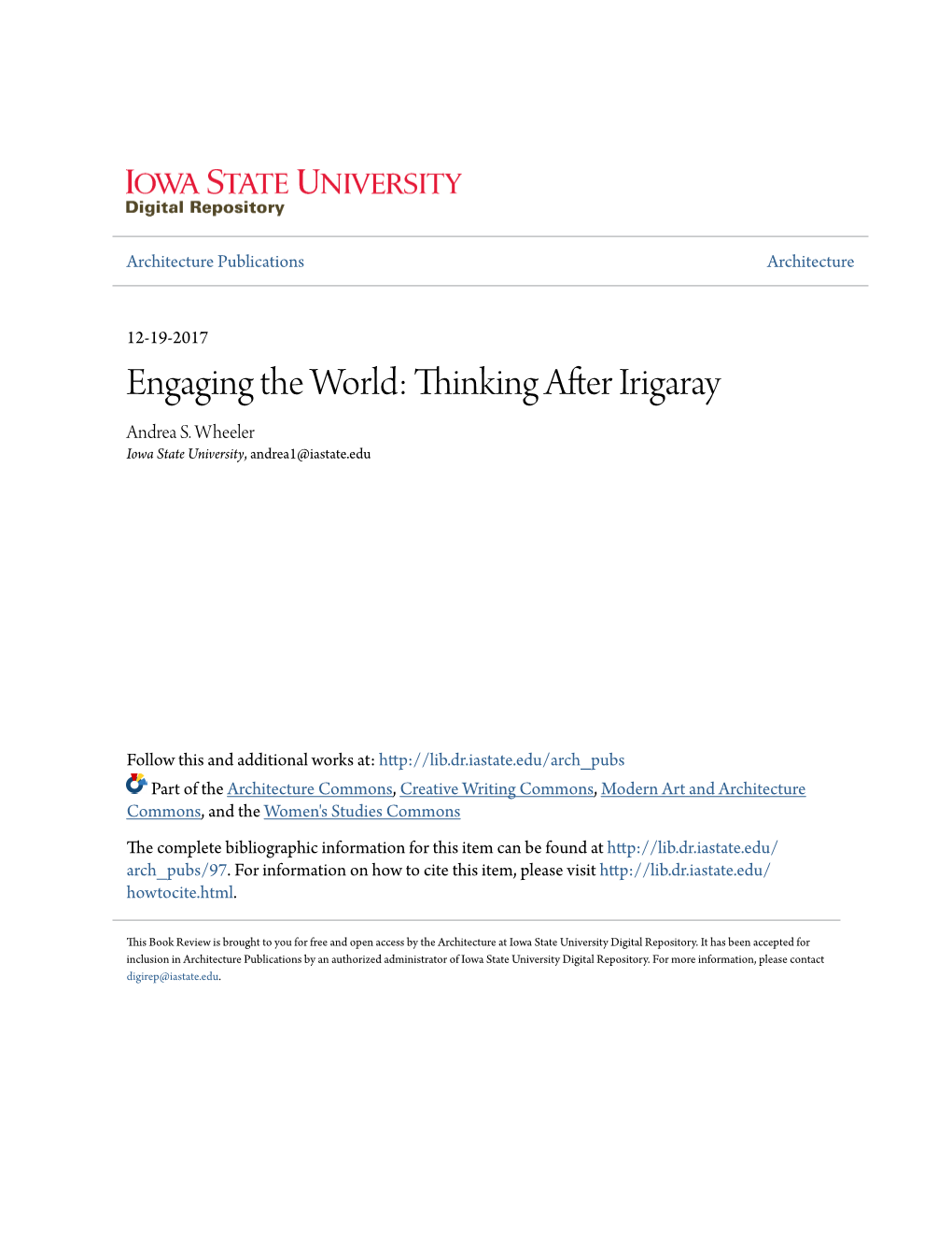 Engaging the World: Thinking After Irigaray Andrea S