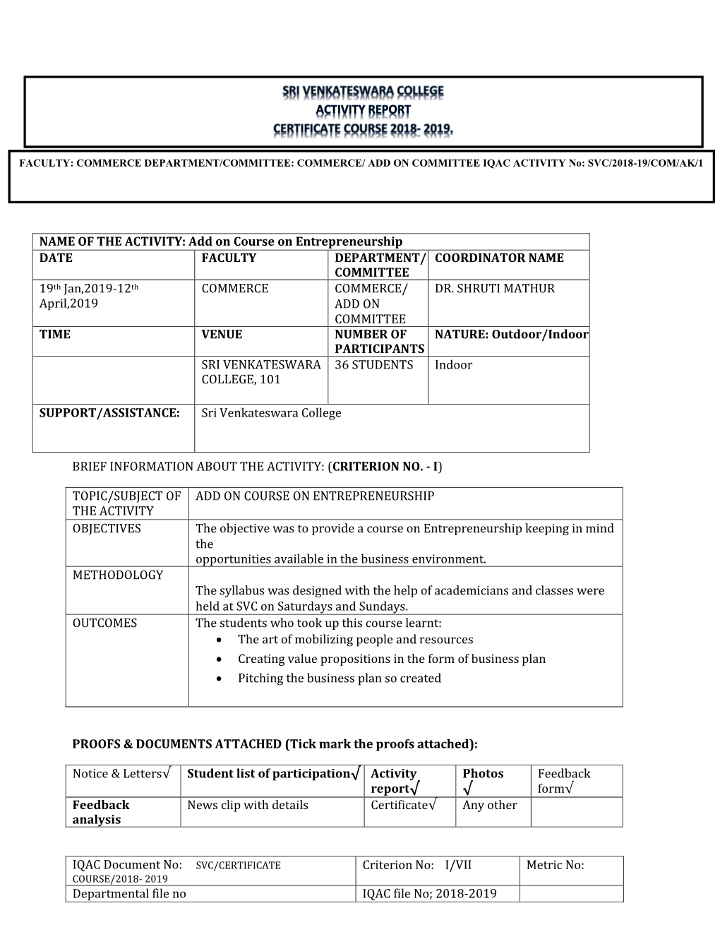 Add on Course on Entrepreneurship DATE FACULTY DEPARTMENT/ COORDINATOR NAME COMMITTEE 19Th Jan,2019-12Th COMMERCE COMMERCE/ DR