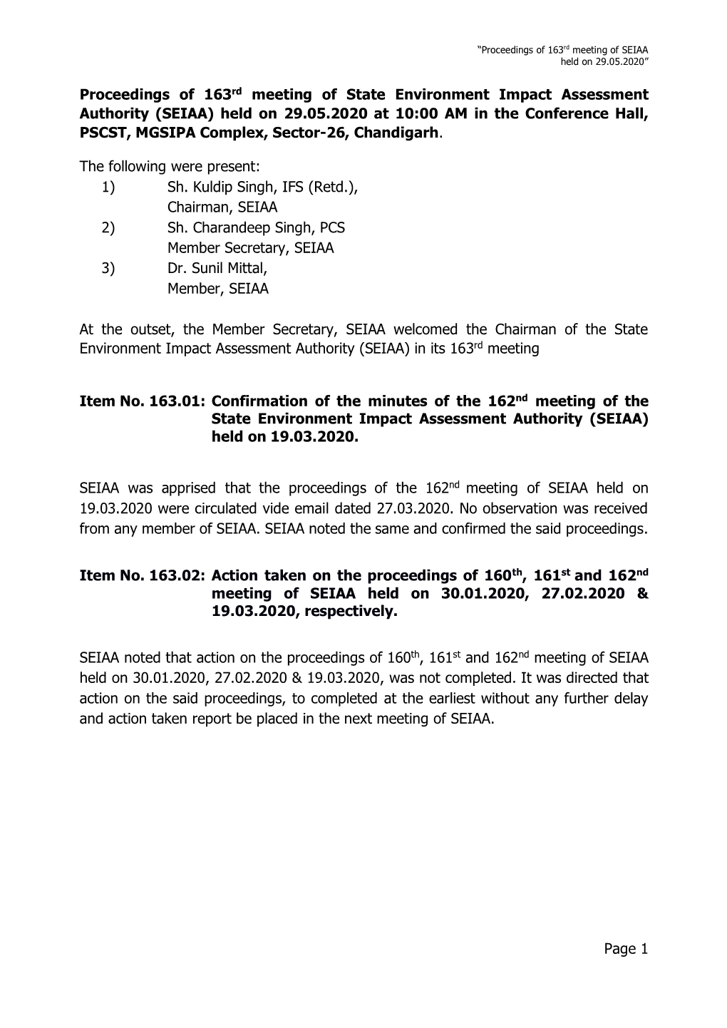 Page 1 Proceedings of 163Rd Meeting of State Environment Impact Assessment Authority (SEIAA) Held on 29.05.2020 at 10:00 AM in T