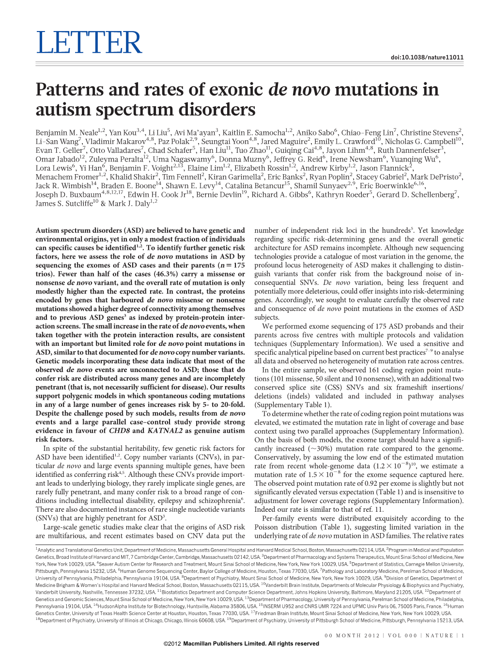 Patterns and Rates of Exonic De Novo Mutations in Autism Spectrum Disorders