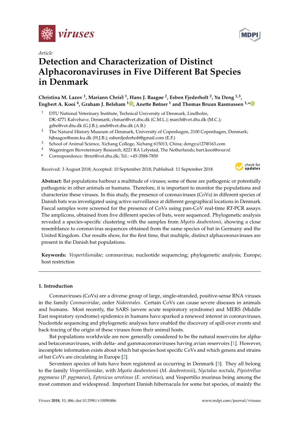 Detection and Characterization of Distinct Alphacoronaviruses in Five Different Bat Species in Denmark