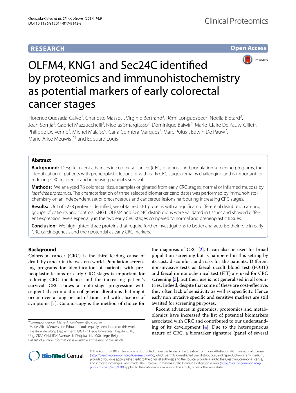 OLFM4, KNG1 and Sec24c Identified by Proteomics And