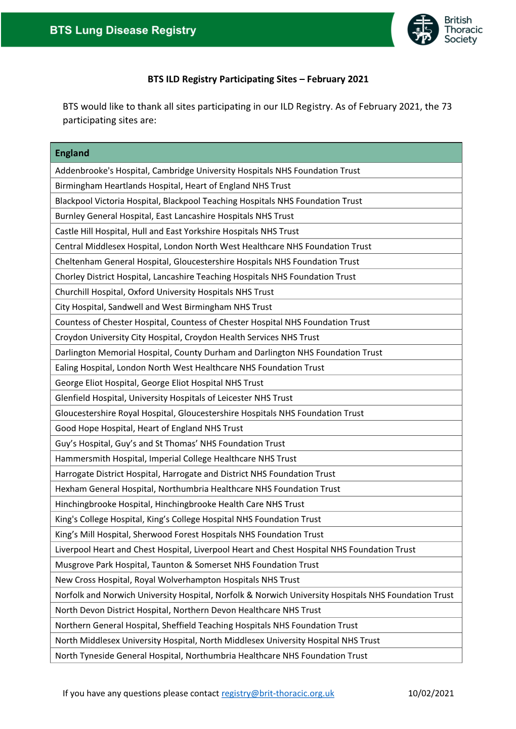 BTS ILD Registry Participating Sites – February 2021 BTS Would Like To