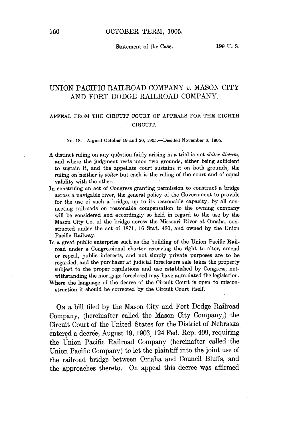 Union Pacific Co. V. Mason City Co., 199 US