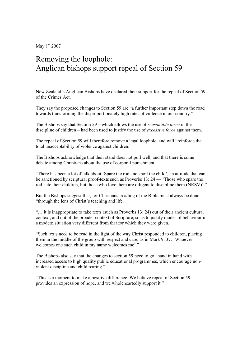 Anglican Bishops Support Repeal of Section 59